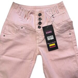 Divas Jeans Women's Capri High Waist Button Front Pink Denim Cropped Pants Sz 3